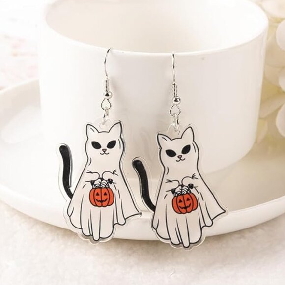 Cute Kitty Cat Ghost Halloween Earrings Lightweight Trick or Treat Pumpkin - Picture 1 of 2